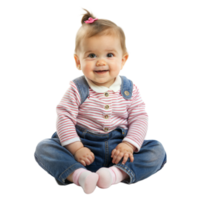 vrolijk baby meisje zittend terloops in denim overall met transparant achtergrond png