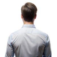 jovem homem dentro uma azul camisa visto a partir de atrás contra uma transparente fundo png