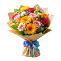 vibrant bouquet de mixte fleurs enveloppé dans marron papier et lié avec bleu ruban sur transparent Contexte png
