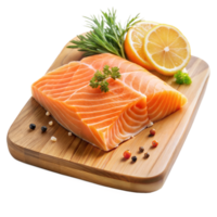 Fresh Salmon Fillet on Wooden Cutting Board with Lemon and Herbs on Transparent Background png