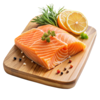 Fresh Salmon Fillet on Wooden Cutting Board with Lemon and Herbs on Transparent Background png