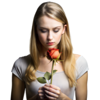 Young Woman Gently Holding a Single Red Rose Against a Transparent Background png