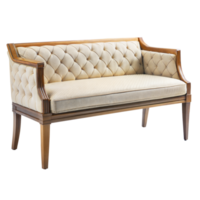elegante beige copetudo sofá con de madera marco en transparente antecedentes png