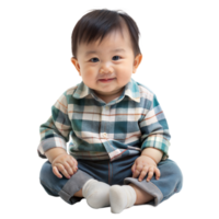 Smiling Toddler in Plaid Shirt and Jeans Sitting on Transparent Background png