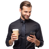 sorridente homem de negocios segurando café copo e Smartphone em transparente fundo png