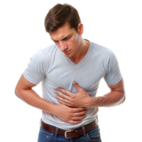 joven hombre agarrando estómago en dolor con un transparente antecedentes png