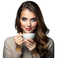 joven mujer disfrutando un calentar taza de café con un sonrisa png