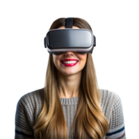sorridente donna sperimentare virtuale la realtà con vr cuffia contro bianca sfondo png