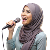 glad kvinna högtalare i hijab adressering publik på inomhus- händelse png