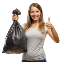 sonriente joven mujer participación un basura bolso dando un pulgares arriba gesto png