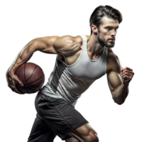 sportlich Mann Dribbling Basketball im Innen- Rahmen mit heftig Fokus und Entschlossenheit png