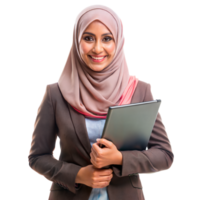 Smiling Professional Woman in Hijab Holding Tablet With Transparent Background png