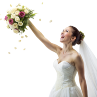 Sparkling Bride Throws Her Bouquet with a Joyful Expression on Transparent Background png