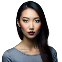 elegante joven mujer con rojo lápiz labial posando en contra un transparente antecedentes png