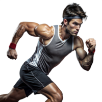 atlético hombre en corriendo actitud exhibiendo su muscular físico y dinámica movimiento png