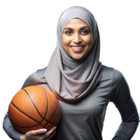 confidente joven mujer en hijab participación un baloncesto Listo a jugar png