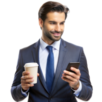 sorridente homem de negocios segurando café copo e Smartphone em transparente fundo png