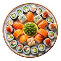 sortido prato do Sushi e sashimi servido em uma volta prato em uma transparente fundo png