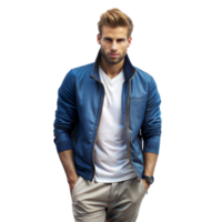 Confident Young Man in Blue Leather Jacket and Grey Pants Posing Casually png