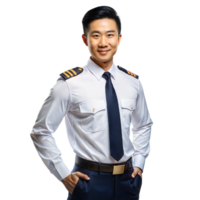 fiducioso linea aerea pilota in piedi con mani su fianchi nel uniforme contro un' trasparente sfondo png