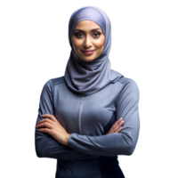 fiducioso giovane donna indossare un' hijab in posa con braccia attraversato su un' trasparente sfondo png