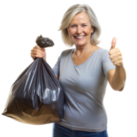 Smiling Woman Proudly Holding a Full Trash Bag With a Thumbs Up Gesture png