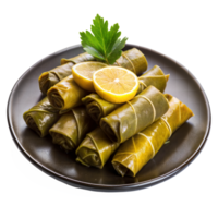 Traditional Stuffed Grape Leaves on a Dark Plate, Presented Elegantly With Lemon and Parsley png