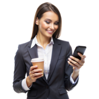 souriant femme d'affaires dans costume en portant café et téléphone intelligent contre transparent Contexte png