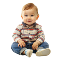 lächelnd Baby Junge Sitzung tragen gestreift Hemd und Blau Jeans auf transparent Hintergrund png