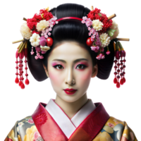 traditionell japanisch Geisha Porträt zeigen aus detailliert Frisur und Kimono auf transparent Hintergrund png