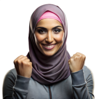 confiante jovem mulher dentro uma hijab a comemorar sucesso com uma punho bomba png