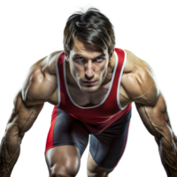 Determined Male Wrestler in Red and Black Singlet Ready for Match png