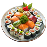 Assorted Japanese Sushi and Sashimi Platter on a White Plate With Transparent Background png