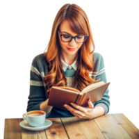 Jeune femme en train de lire une livre à une en bois table avec une tasse de café png