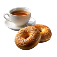 Cup of Tea With Two Sesame Bagels on a White Plate Against a Transparent Background png
