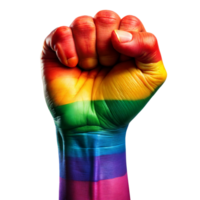 elevado puño pintado en arco iris colores simbolizando lgbtq orgullo y solidaridad png