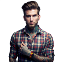 elegante tatuado joven hombre en tartán camisa posando con confianza adentro png