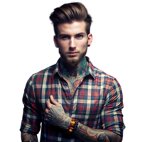 elegant getatoeëerd jong Mens in plaid overhemd poseren met vertrouwen binnenshuis png