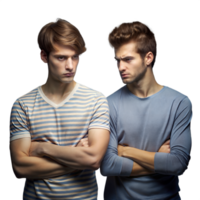 Two Young Men Expressing Disagreement With Arms Crossed Indoors png