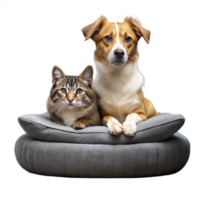 Dog and Cat Sitting Together on a Grey Cushion With Transparent Background png