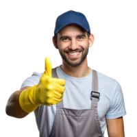 vrolijk arbeider in overall en geel handschoenen geven duimen omhoog png