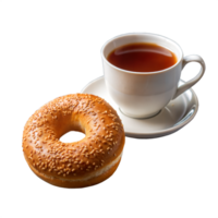 Sesame Seed Bagel Paired With a Cup of Hot Tea on a White Saucer png
