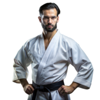 Confident Martial Artist in White Gi and Black Belt Posing in Studio png