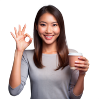 Smiling Young Asian Woman Gesturing Okay While Holding a Takeaway Coffee Cup png