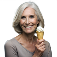 Smiling Senior Woman Enjoying Vanilla Ice Cream Cone in a Studio Setting png