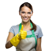 Smiling Woman in Green Apron Giving Thumbs Up Wearing Yellow Gloves png
