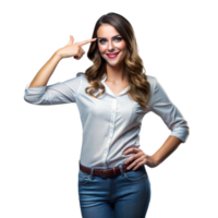 Smiling Woman Pointing to Her Head While Posing in Casual Clothing Against a Transparent Background png