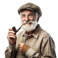 Elderly Man With White Mustache Wearing Flat Cap Posing With Pipe png