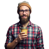 Smiling Bearded Man in Plaid Shirt Holding a Coffee Cup on a Bright Day png