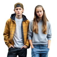 Jeune Masculin et femelle des modèles posant dans décontractée porter contre transparent Contexte png